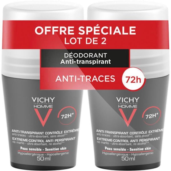 Déodorant à bille 72h homme Anti-transpirant contrôle extrême 2x50ml