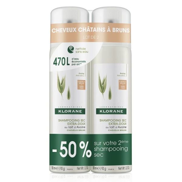 Klorane Shampoing sec au lait d'Avoine cheveux châtains et bruns 2x150ml