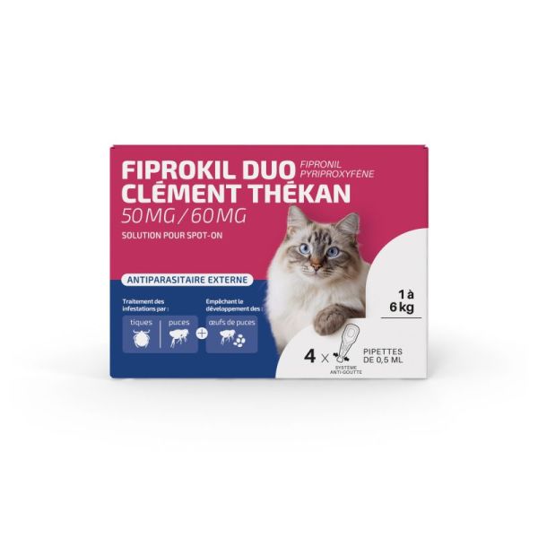 Fiprokil 50-60mg duo parasitaire chat 1-12kg 4 pipettes