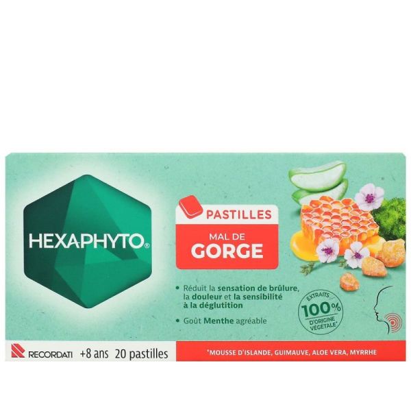 Hexaphyto mal de gorge +8 ans goût menthe 20 pastilles